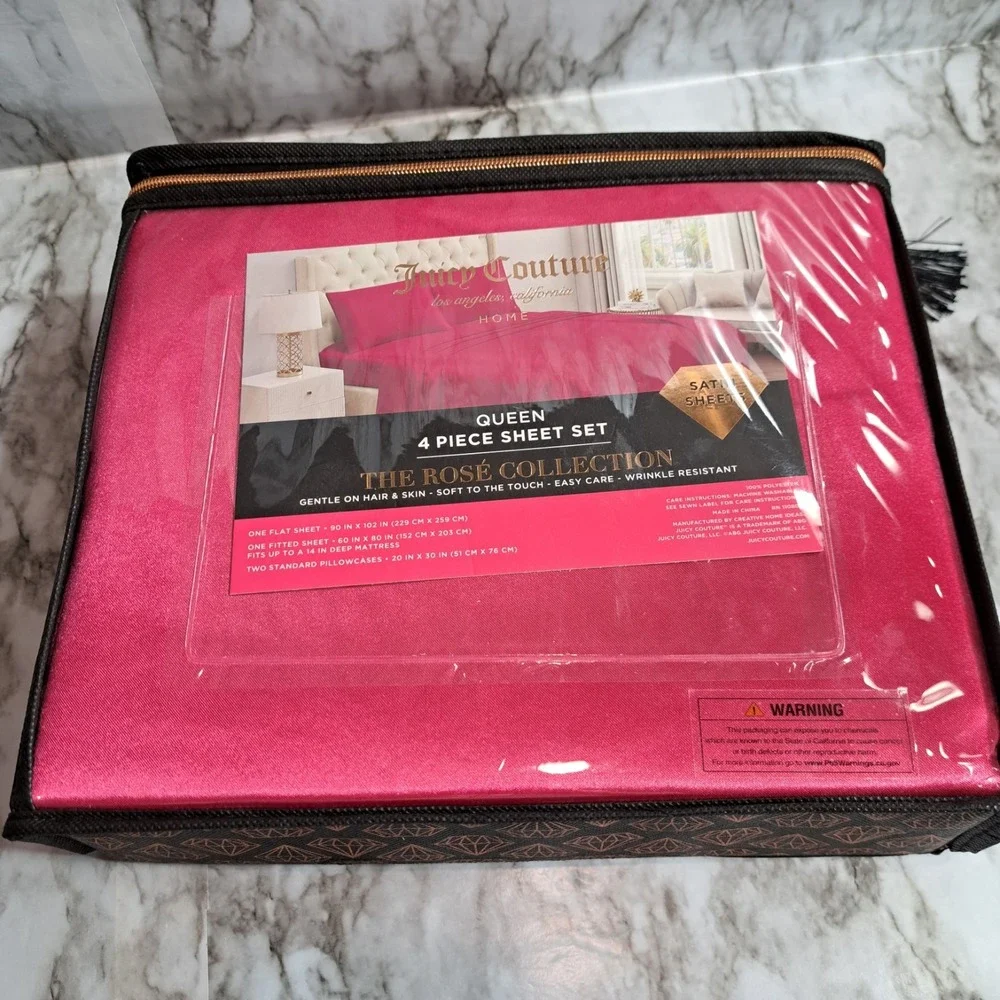 Juicy Couture Queen 4 Piece Sheet Set Fuchsia Wrinkle Resistant‎ Satin Sheets